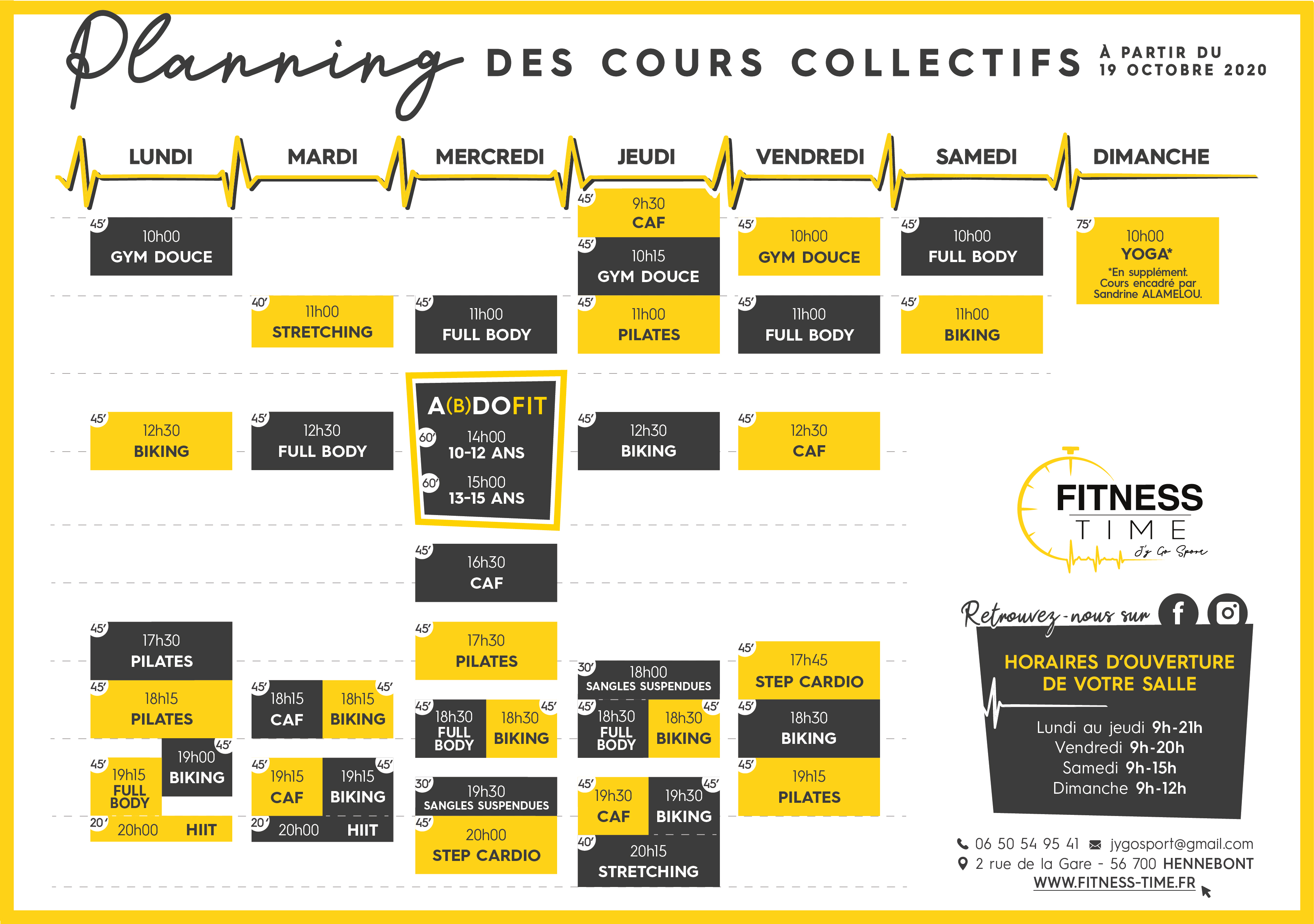 Les plannings de nos cours collectifs de notre salle de remise en forme